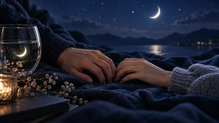 Two hands reach toward each other over a dark blanket beside a lit glass and candle, with a crescent moon above a lake.