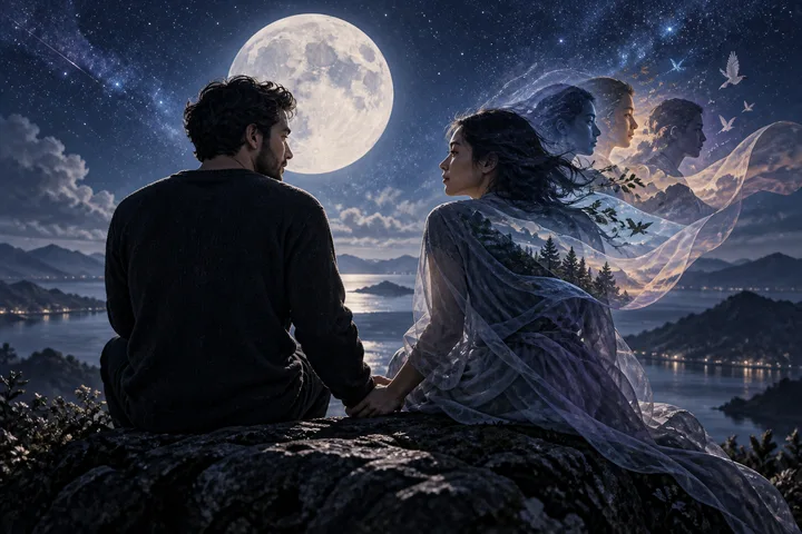 Two figures sit hand in hand on a rocky overlook above a moonlit lake. One figure is shown with several translucent faces and flowing, starry fabric; mountains and a star-filled sky surround them.