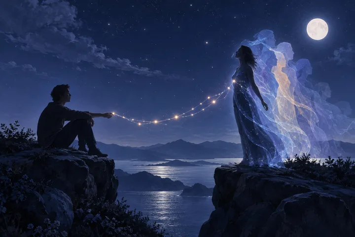 A seated figure on one rocky ledge reaches toward a standing figure on another, joined by a curved strand of glowing lights. Translucent overlapping silhouettes trail behind the standing figure beneath a full moon.