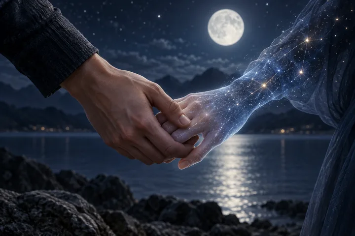 A natural-looking hand holds a translucent hand covered in stars and glowing lines. A full moon reflects on the water behind them, with dark mountains and rocks in the distance.