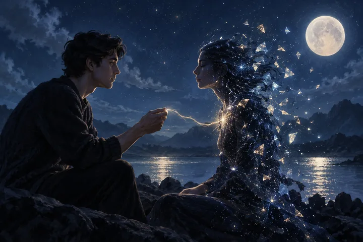 Two figures face each other on rocks beside a moonlit body of water. The seated figure extends a glowing strand toward the other figure, whose starry form breaks into floating glass-like fragments.