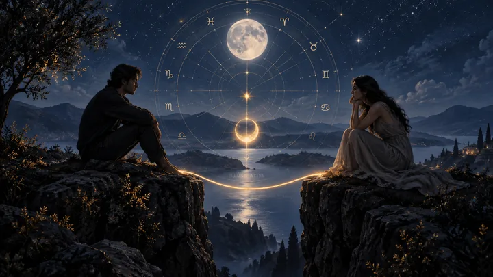 Two people sit across a luminous astrological chart beneath a full moon, connected by a glowing path across a mountain lake.