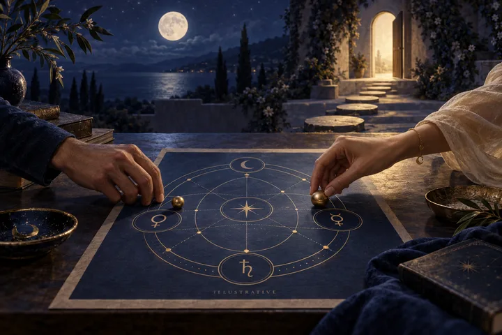 Two hands place gold markers on an illustrative synastry chart beside a moonlit path leading toward an open doorway.