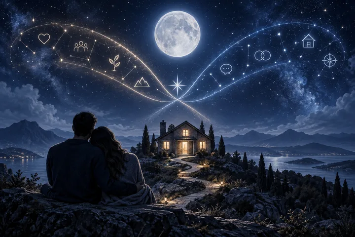 A couple looks toward a lit lakeside home beneath a full moon and linked star patterns.