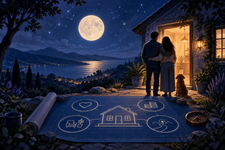 A couple stands beside a moonlit home blueprint marked with heart, coin, chair, and winding-path symbols.