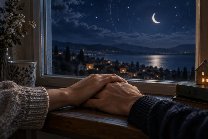 Two hands rest together on a windowsill overlooking a moonlit lake and hillside town.