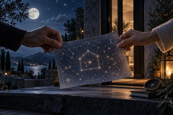 Two people hold an illustrated star chart outside a warmly lit stone house at night.