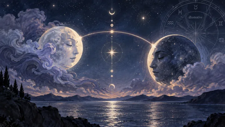 Two moonlike faces emerge from clouds above a dark lake, connected by a glowing arc beneath a starry sky; a faint circular zodiac-style diagram appears in the upper right.