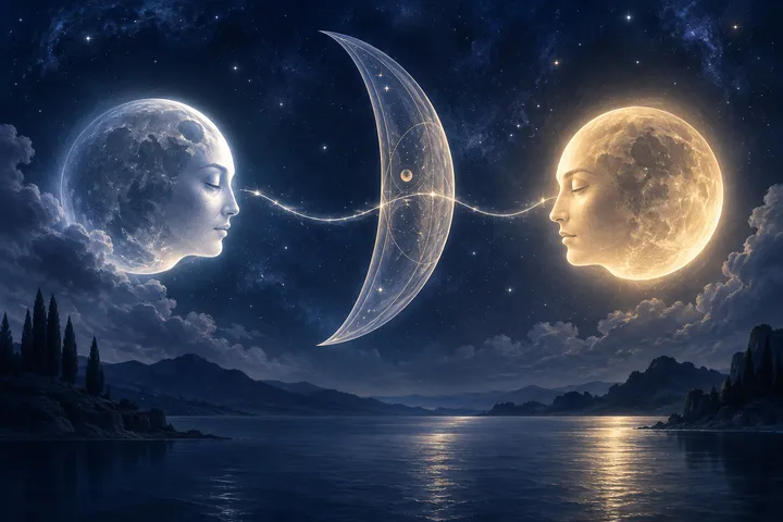 An open moonlit threshold separates two quiet rooms, joined by a thin glowing path that suggests a clear return; a faint illustrative zodiac circle hangs in the indigo sky.