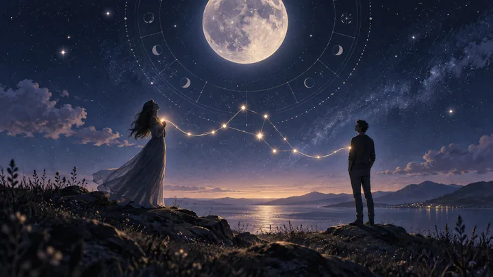 Two people stand apart beneath a moonlit indigo sky, connected by a delicate constellation and an illustrative astrological chart.