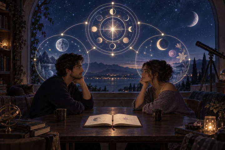 Two people sit across an open notebook beneath separate lunar motifs and a shared illustrative relationship mandala in an observatory.