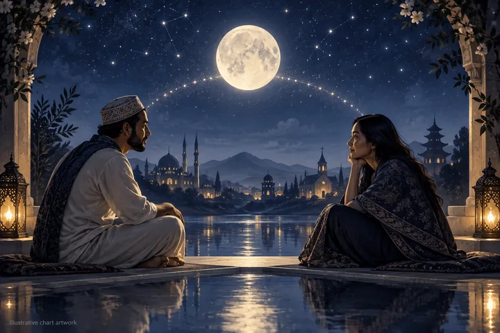 Two seated figures face each other beside reflective water beneath a full moon, with lit buildings and mountains in the background.