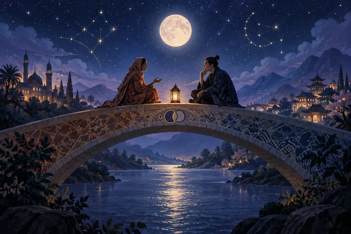 Two seated figures converse on a decorated stone bridge above a river beneath a full moon, with star patterns, buildings, and mountains around them.