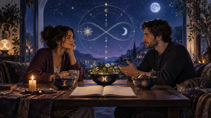 Two partners discuss an open ledger beneath an illustrative celestial chart, with separate bowls and a shared bowl representing personal and shared resources.