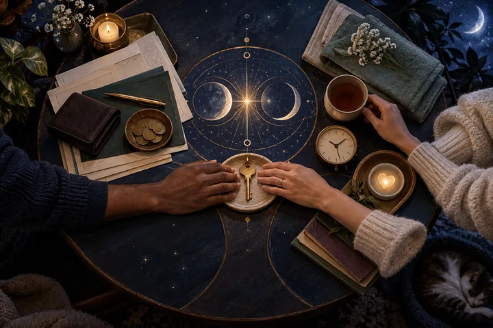 Top-down still life of two partners bringing money, time, and care toward a shared key beneath an illustrative celestial motif.