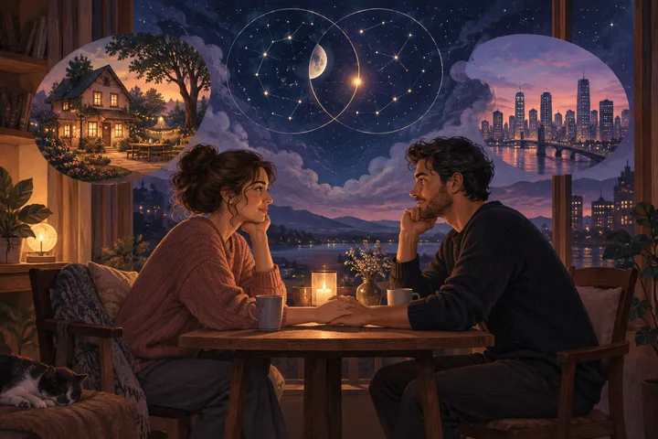 A couple holding hands at a candlelit table beneath overlapping illustrative star maps, with a warm garden home on one side and a moonlit city skyline on the other.