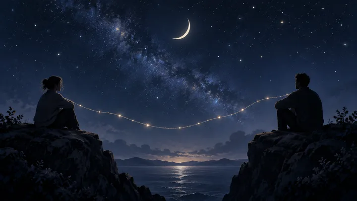 Editorial illustration of two people holding a meaningful story between private space and a moonlit social world