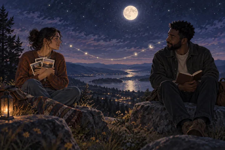 Illustrative celestial communication scene showing messages moving between two protected spaces
