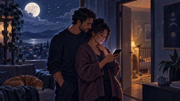 Two partners stand together in a moonlit home while one answers a family call, with a warmly lit nursery doorway behind them.