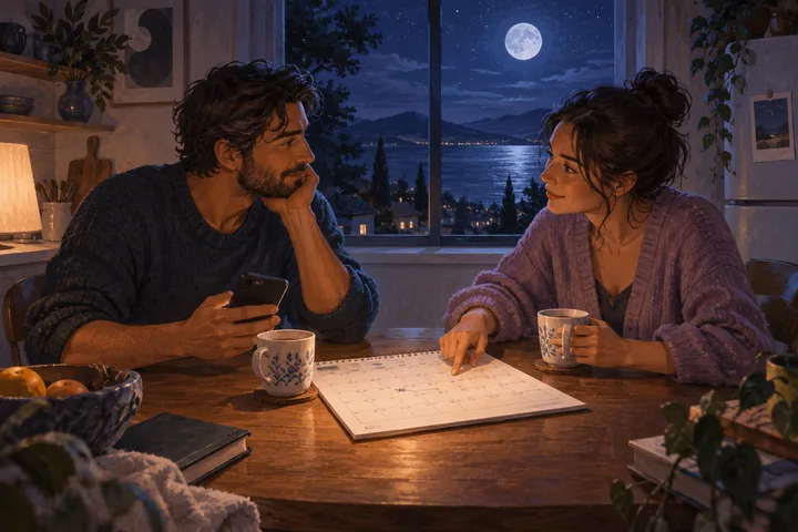 Two partners listen and plan together at a kitchen table beneath a moonlit window, sharing a calendar and a phone.
