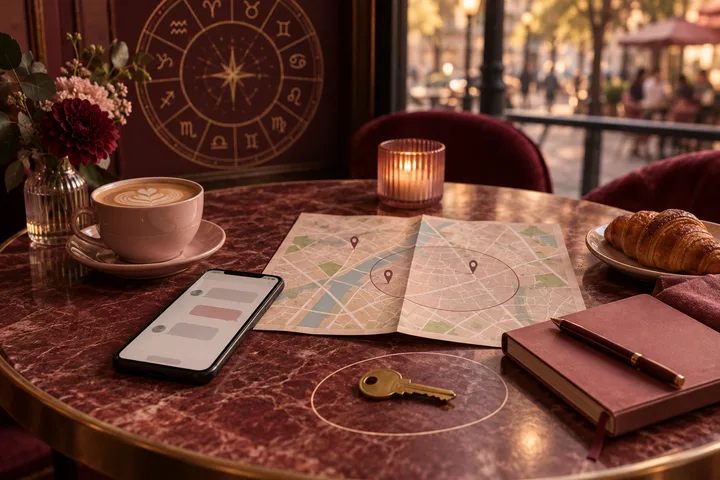 A moonlit café table holds a map, phone, key, coffee, notebook, and illustrative zodiac artwork.