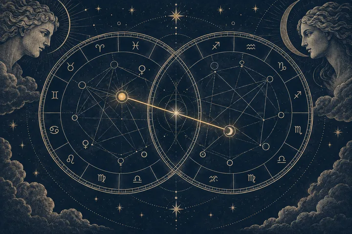 An illustrative dual astrology chart with a moon and connected planetary lines fills the frame in deep indigo and gold.