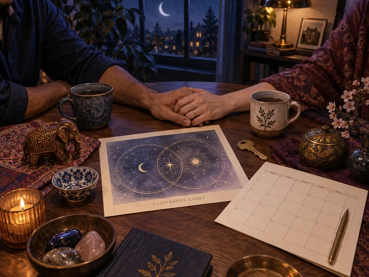 Two partners join hands over a moonlit table with a key, cups, heirloom objects, and an illustrative chart for planning a shared future.