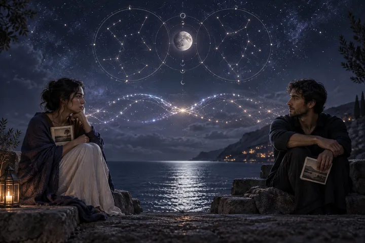 Two people sit apart on a moonlit shore beneath illustrative connected chart patterns, facing one another across the water.