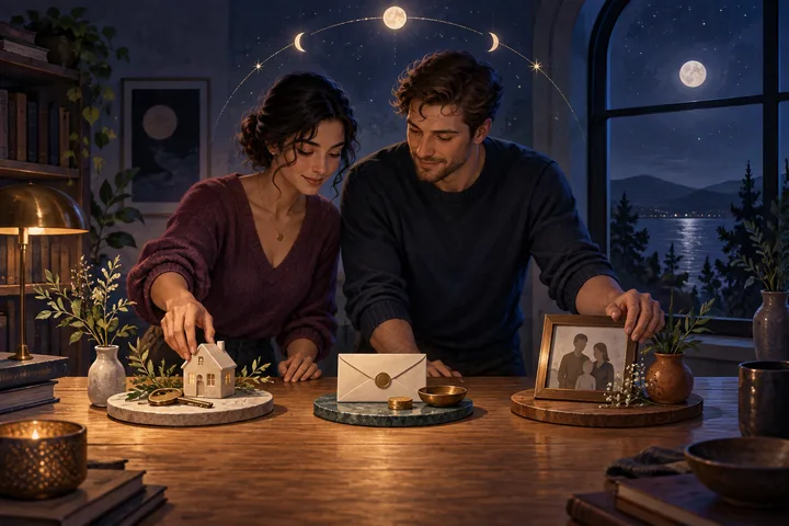 Two people share a thoughtful moonlit moment at a warm table beside a night lake, with an illustrative celestial arc above them.