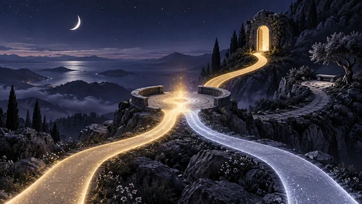 Two luminous paths meet on a moonlit stone overlook, then diverge toward an open doorway and a quiet separate trail.