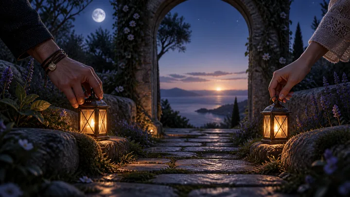 Two people place glowing lanterns on opposite sides of a shared moonlit path leading through an arch toward dawn.
