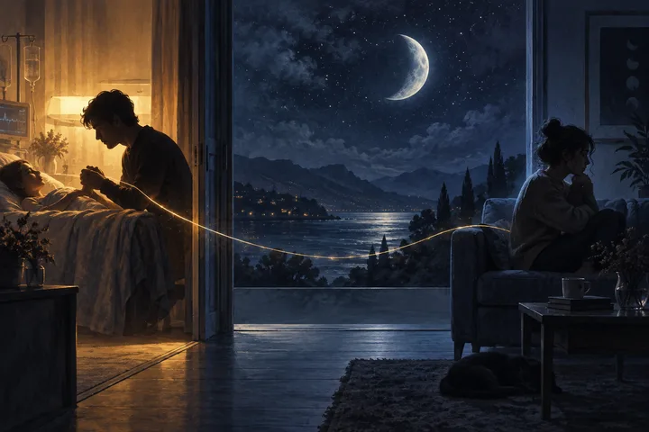 A warm hospital room opens onto a cool moonlit home, with a luminous thread connecting a person in crisis to someone sitting alone in calm.