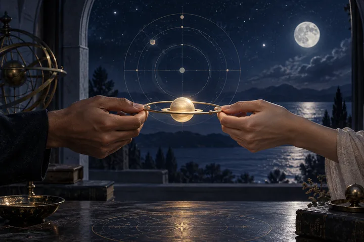 Two hands hold opposite sides of a luminous Saturn-like ring against a moonlit indigo observatory and night sky.