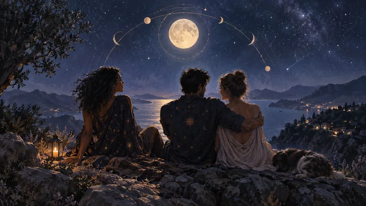Three people sit beside a moonlit lake, with a couple together in the foreground and a friend nearby beneath looping celestial arcs.