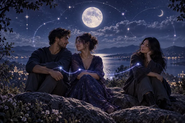 A glowing line links a seated couple and their longtime friend beneath a full moon, suggesting connection without hierarchy.