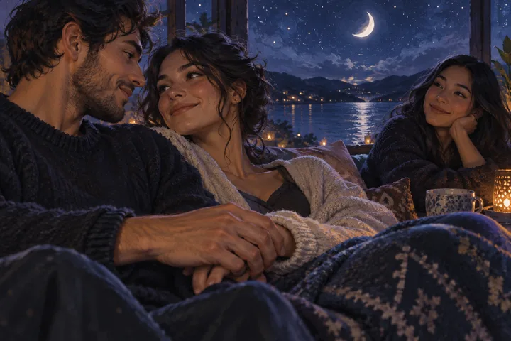Two people hold hands in the foreground while a nearby friend joins them by candlelight beside the lake under a crescent moon.