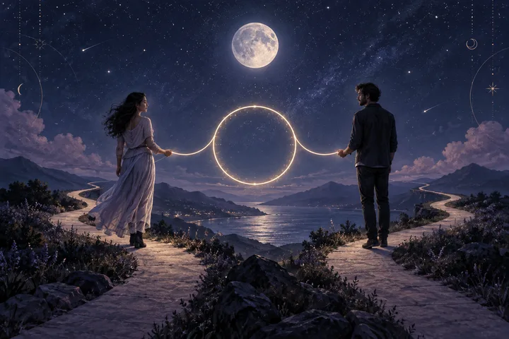 Two people stand on separate moonlit paths, connected by a luminous open circle beneath a full moon, suggesting a meaningful bond that leaves room for mutual choice.