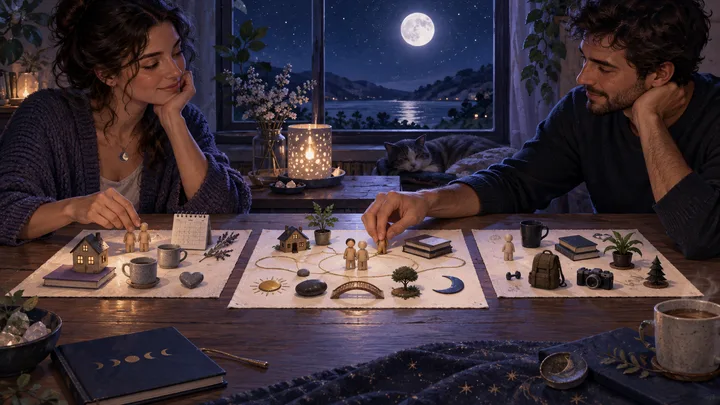 A couple discusses two different everyday commitment arrangements at a moonlit table, moving separate objects toward a shared plan while preserving personal space.