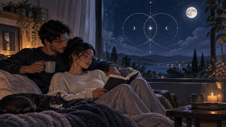 A couple shares a quiet evening reading beside a moonlit window, with an abstract illustrative celestial pattern overhead, evoking a meaningful connection becoming ordinary shared life.