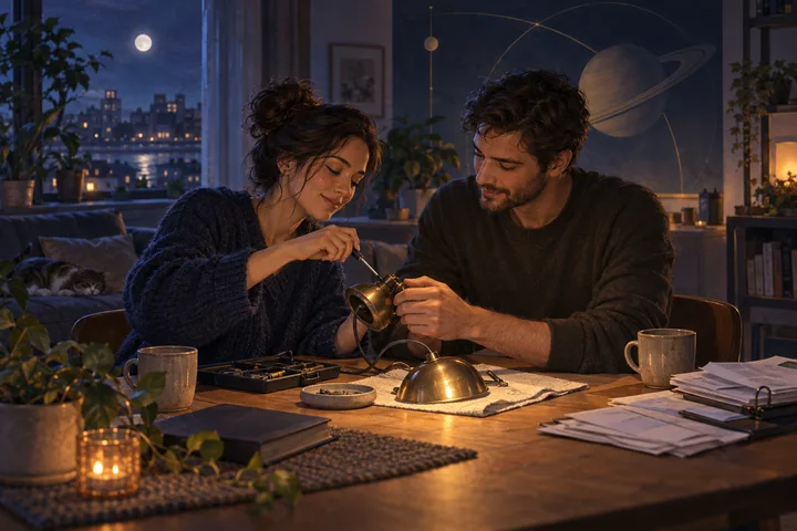 Two partners work together to repair a small household object at a warmly lit table, with an abstract ringed-planet motif behind them, illustrating commitment as shared responsibility and repair.