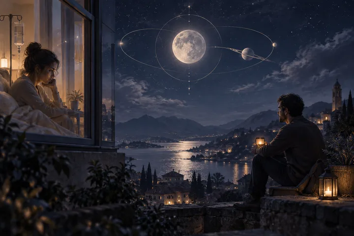 Two people remain connected across a moonlit indigo landscape while one sits near a warmly lit window and the other holds a small lantern beneath an illustrative Moon and Saturn motif.