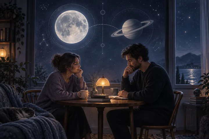 A couple shares a quiet, bounded conversation at a small table beneath illustrative Moon and Saturn forms, with cool moonlight and a warm lamp showing care without excess intensity.