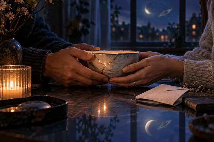 Two pairs of hands hold a handmade bowl with a visible golden repaired seam, while candlelight and an illustrative Moon and Saturn reflection suggest mutual participation and changed behavior after stress.