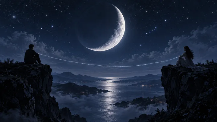 Two figures face one another across a dark landscape, joined by a luminous line beneath a crescent moon.