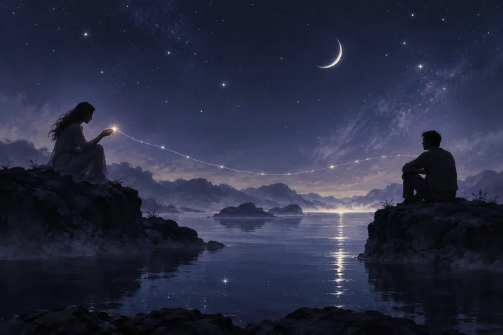 Two figures stand on separate cliffs beneath a moonlit indigo sky, facing one another across the gap.