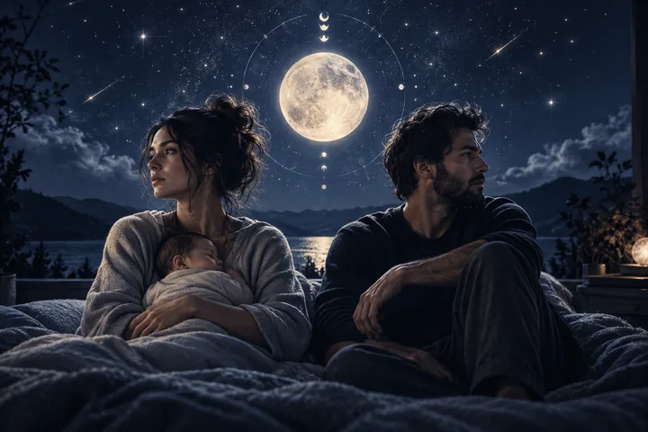 An open-air moonlit scene shows two tired parents sitting apart beside a sleeping baby, with a large full moon reflected on dark water beyond.