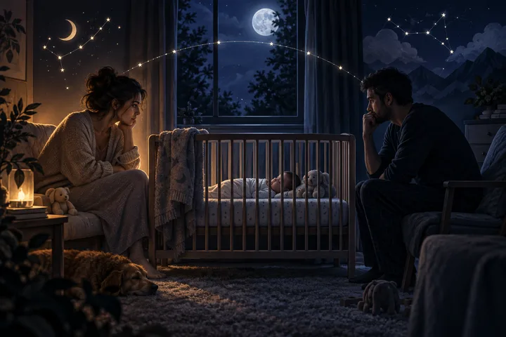 At night, two parents face one another across a baby's crib while an arc of stars spans the room and a dog sleeps beside the nursery.