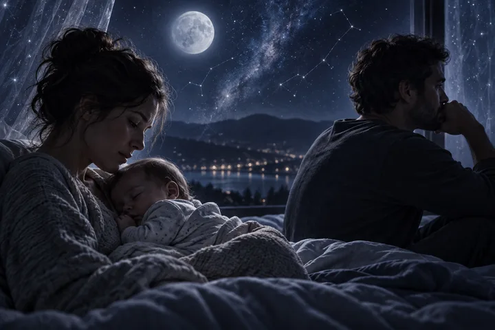In close view, a mother cradles a sleeping baby while the father sits turned away on the bed beneath a blue, moonlit sky.