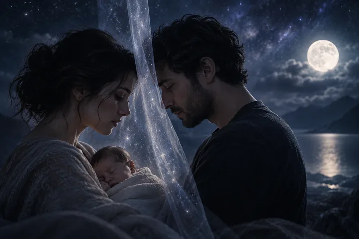 A couple leans together over their sleeping baby beside a translucent star-patterned curtain, with moonlight falling across water outside.