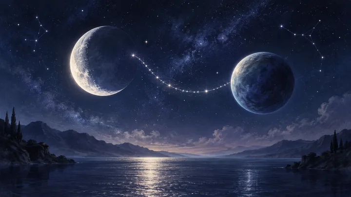 A moonlit lake beneath a star-filled sky, with a crescent moon and a dark blue planet connected by a curved line of glowing points.